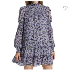 CINQ A SEPT Stephanie Floral Smocked Mini Dress Ruffled Tired Long Sleev…